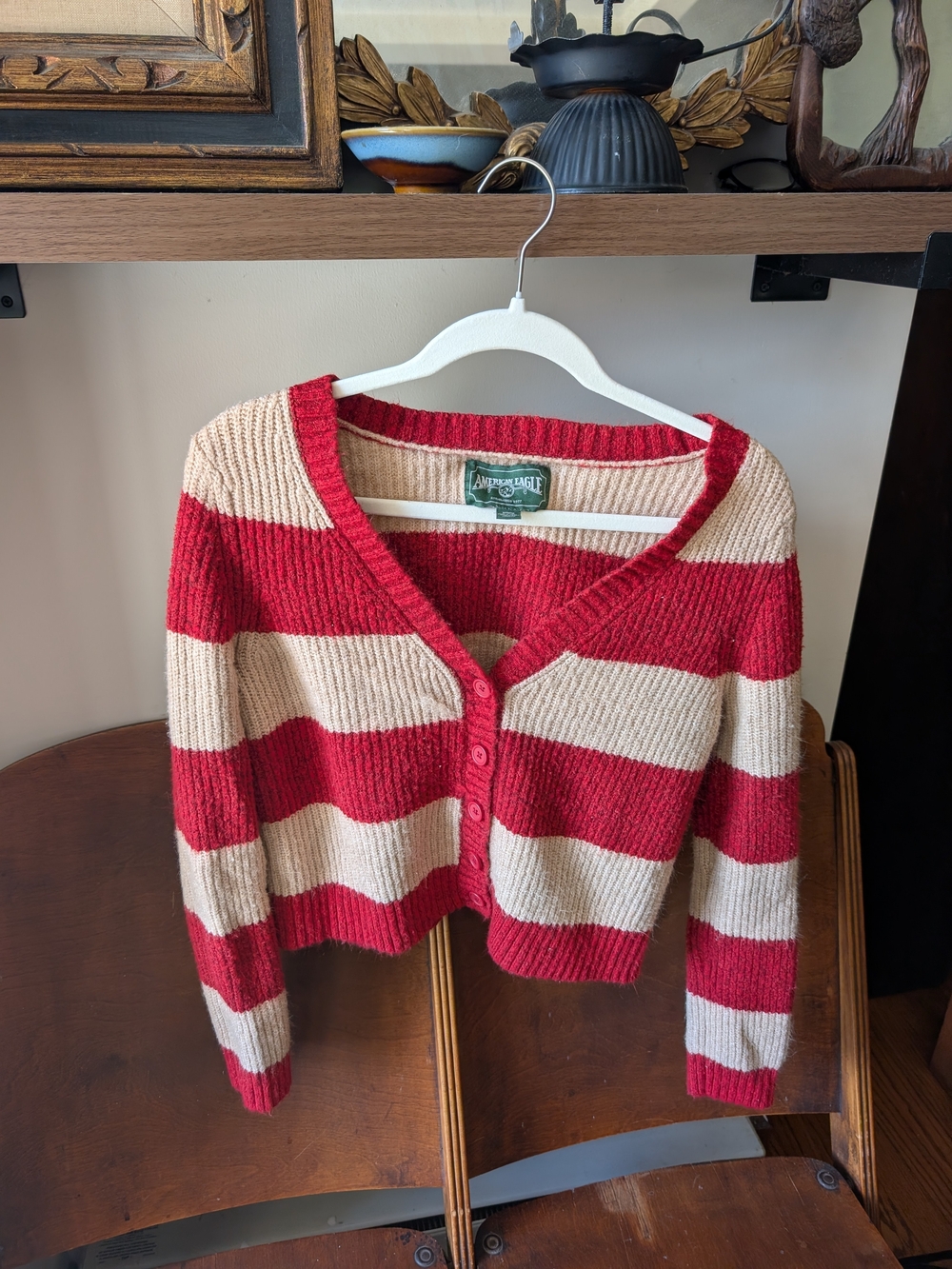 American Eagle Outfitters Red and Cream Striped Cropped V-Neck Cardigan
